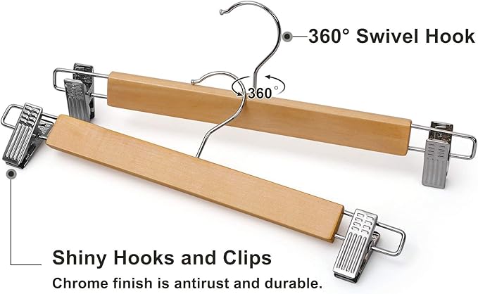 SONGMICS Wooden Pants Hangers 12 Pack, Pants Hangers with Clips, Adjustable Anti-Rust Metal Clips, 360° Swivel Hook, Skirt Hangers for Pant, Skirts, Natural Grain UCRW008-12