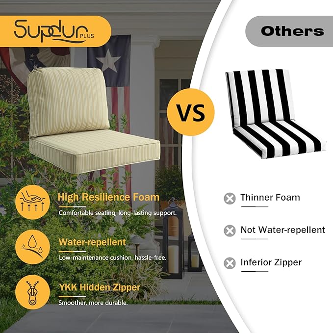 Outdoor Cushions for Patio Furniture Set of 2, 24"x24" Water Repellent Chair Cushions Removable Seat Bottom & Back Cushion Covers for Chair, Sofa, Couch, Beige Brown Stripe