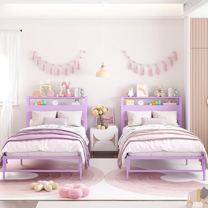 Weehom Twin Bed Frames for Kids with 2 Tiers Wood Storage Shelves Headboard, Twin Size Bed No Box Spring Needed Under Bed Storage Space Metal Platform for Girls and Adults, Purple