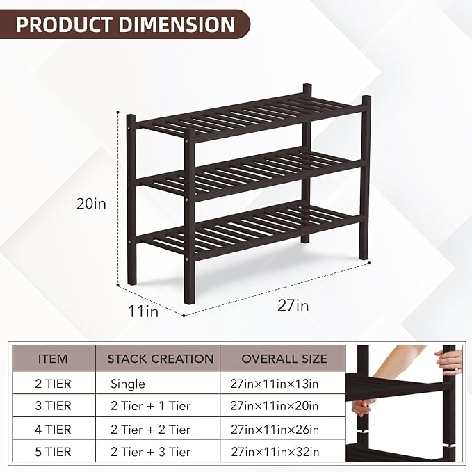 3 Tier Bamboo Shoe Rack Storage Organizer for Closet, Multifunctional Stackable Free Standing Shoe Shelf Organizer for Small Space,Entryway, Hallway, Bathroom27 x11 x20(Brown, 3 Tier)