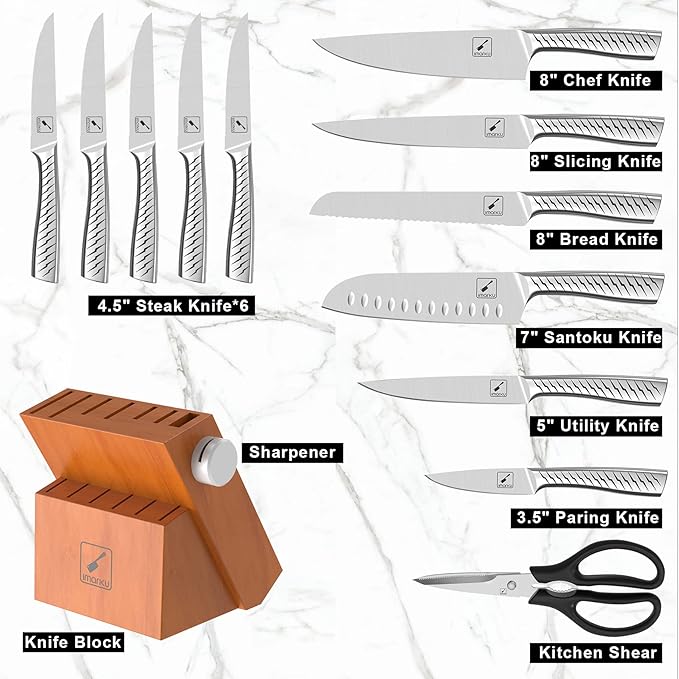 imarku Knife Set, 14PCS Knife Sets for kitchen with block, One-Piece Kitchen Knife Set with Built-in Sharpener, Stainless Steel Chef Knife Set with Lightning Stripes Handle, Dishwasher Safe(Wood)