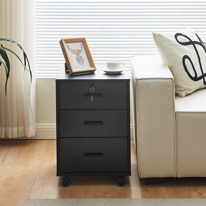 Mobile File Cabinet with Lockable Drawer, 3-Drawers Under Desk Storage Cabinet with 360°Swivel Wheels, Wooden Stationery Storage Cabinet for Legal/Letter/ A4 Documents (Black)