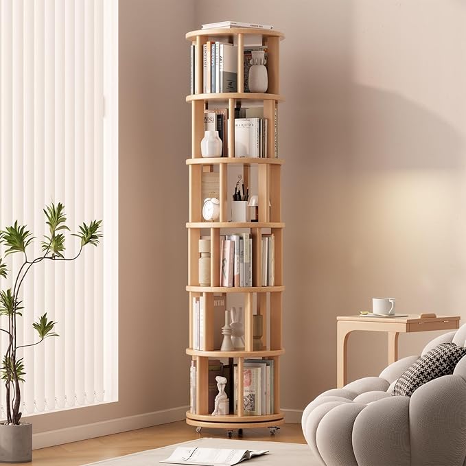 Solid Wood Rotating Bookshelf on Wheels, 6 Tier, Round Revolving Bookcase, 360° Spinning Book Shelf Tower for Kids, Narrow Rolling Bookshelves for Small Space, Corner, Bedroom, Office, Natural