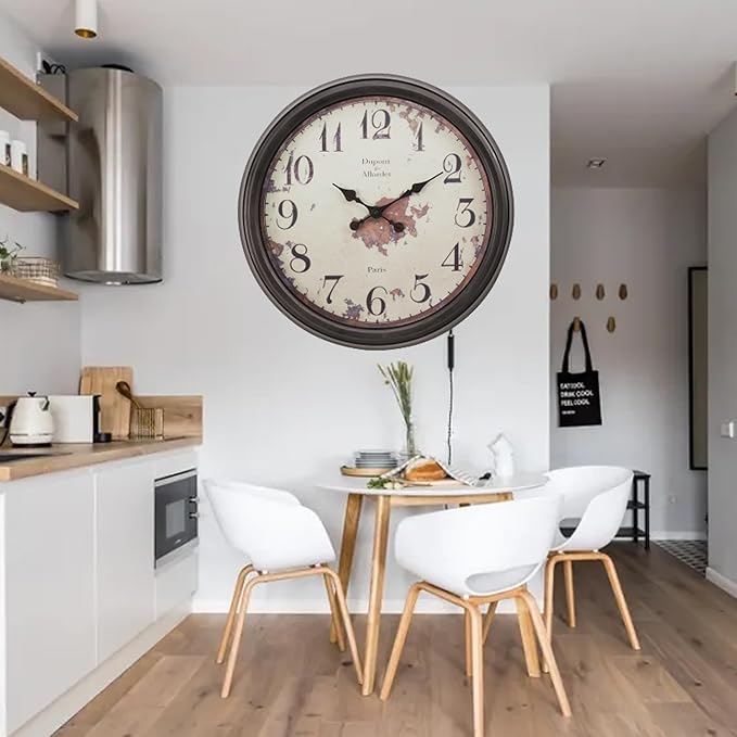 20 Inch Vintage Wall Clock, Farmhouse Wood Silent Non-Ticking, Battery Operated Retro Round Decorative Clock for Kitchen, Living Room, Bedroom,Office,Beige Brown