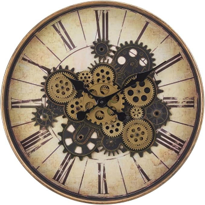 20 Inch Bronze Yellow Steampunk Wall Clock with Decorative Gears, Industrial Vintage Analog Clock for Living Room, Farmhouse, Office Decor, Silent Non-Ticking Battery Operated