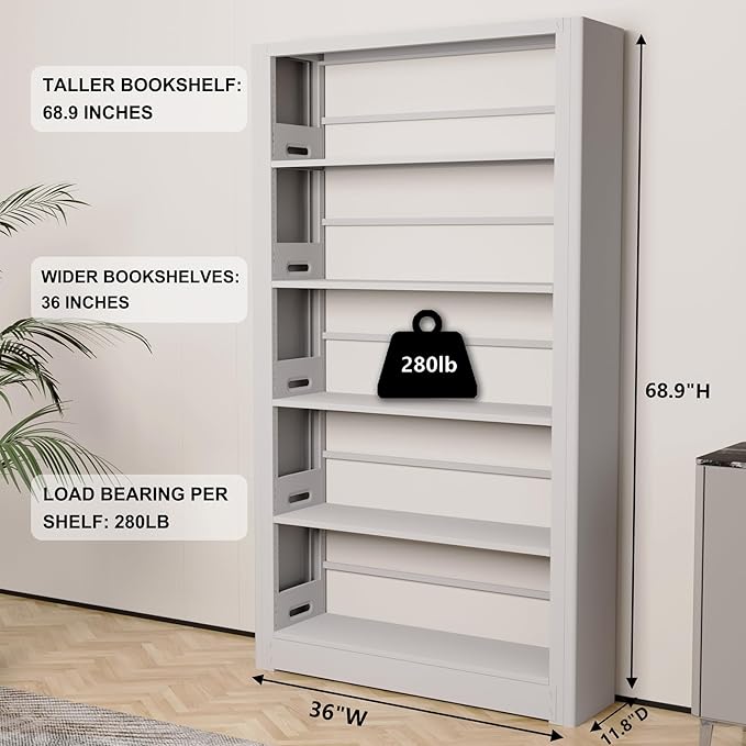 69” Tall Metal Bookshelf,5-Tier Bookcase with Adjustable Storage Shelves,Floor Standing Unit,Heavy Duty Bookcase for Home Office, Living Room, Bed Room,White Display Shelves,H69*W36*D11.8 Inch