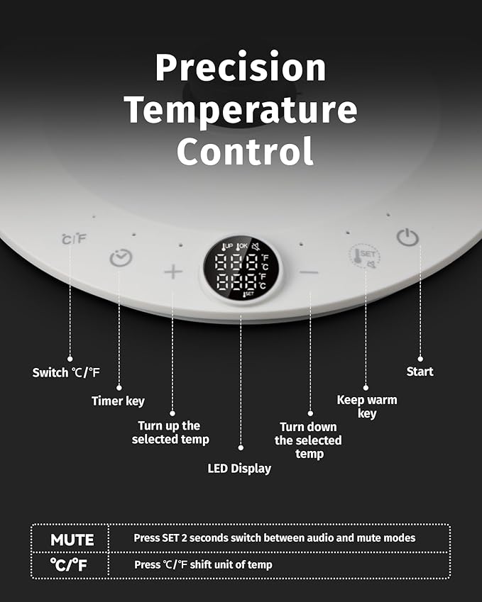 INFOOD 0.8L Gooseneck Electric Kettle, Precise Temperature Control for Pour Over Coffee & Tea, 1200W Fast Boiling Water, Auto Shut Off, Scheduling, Stainless Steel, White