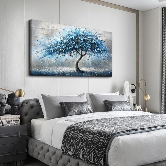 hyidecorart Wall Art Prints Abstract Canvas Painting Blue Tree Picture Panoramic Landscape Artwork Office Decor Modern Poster Ready To Hang Framed For Living Room Bedroom Home Decorations Wall Decor