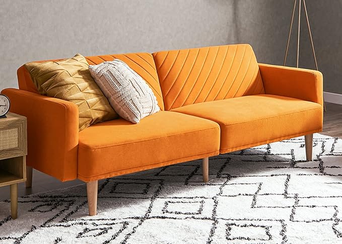 mopio 76.8" Futon Sofa Bed, Small Couch, Sleeper, Loveseat, Mid Century Modern Futon Couch, Sofa Cama, Couches for Living Room (Apricot Velvet)