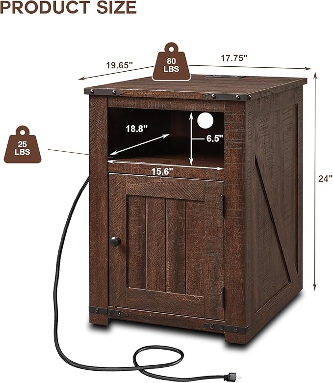 Nightstand with Charging Station, 20" Farmhouse End Table w/Groove Barn Door, Rustic Wood Sofa Side Bedside Table w/Open & Adjustable Shlef for Bedroom, Living Room, Brown