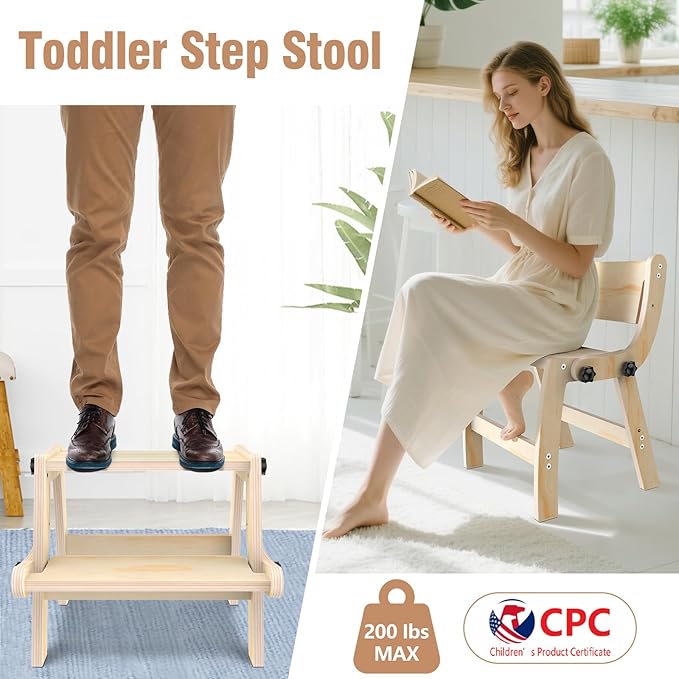 Toddler Step Stool, 2 in 1 Folding Step Stool for Kids, Toddler Stool for Bathroom Sink & Potty Training, Wooden Step Stools w Non Slip Base for Kitchen, Bedroom, Turns into Kids Chair