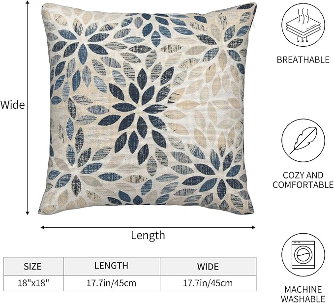 Dahlia Pillow Covers 18x18 Inch Set of 2 Summer Rust Geometric Flower Outdoor Decorative Throw Pillows Farmhouse Navy Blue Pillow Case Linen Square Cushion Cover for Home Sofa Bedroom Living Room