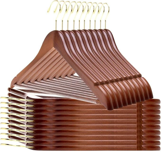 Quality Wooden Hangers - Slightly Curved Hanger 20-Pack Sets - Solid Wood Coat Hangers with Stylish Chrome Hooks - Heavy-Duty Clothes, Jacket, Shirt, Pants, Suit Hangers Walnut - Gold Hook