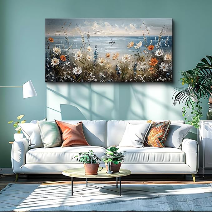MHARTK66 Canvas Wall Art For Living Room Wall Decor For Bedroom Office Decoration Blue Ocean Paintings Flowers Landscape Wall Pictures Artwork Modern Aesthetic Room Home Decor Ready To Hang Posters