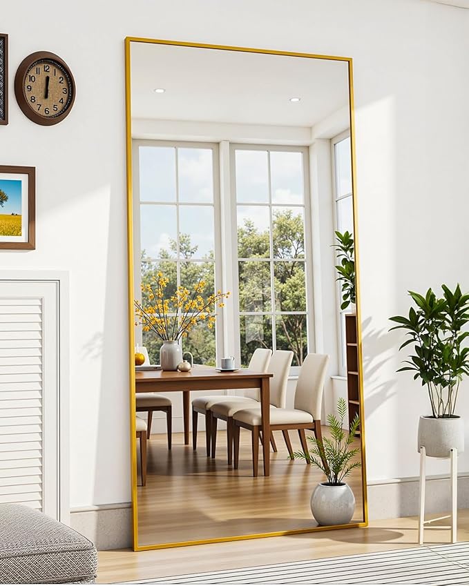 Suidia Full Length Mirror, 58"x18" Floor Standing Mirror Freestanding, Full Body Mirrors with Stand for Bedroom, Hanging Mounted for Living Room Cloakroom, Gold, Rectangular Style