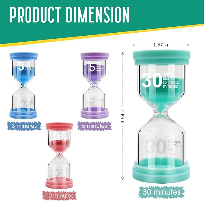 Sand Timer for Kids 4 Pack Colorful Hourglass 3min, 5mins, 10mins, 30mins Sand Clock Timer for Classroom, Games and Kids Room