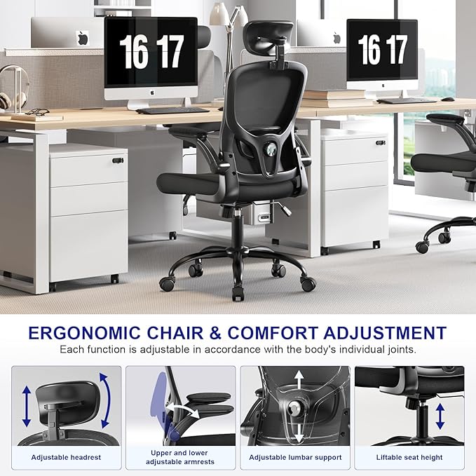 Multi-Adjustable Ergonomic Office Chair, Study Chair, Summer Mesh Comfortable High Back Chair, Headrest, Lumbar Support, Armrest, Seat Height.（Black）