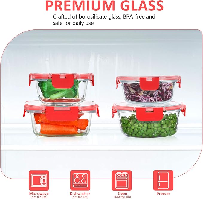24 Pieces Glass Food Storage Containers Set,Glass Meal Prep Containers-Stackable Airtight Glass Storage Containers with lids,Freezer, Microwave, Oven Safe,Red