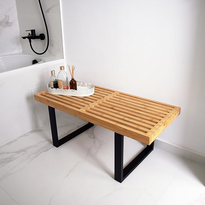 Bamboo Nelson Slat Wooden Bench, Small Wood Benches for Entryway, Living & Dining Room, Kitchen, Bedroom, Bathroom, Hallway, Front Door, For Indoor & Outdoor Patio Use, Mid Century Modern Decor