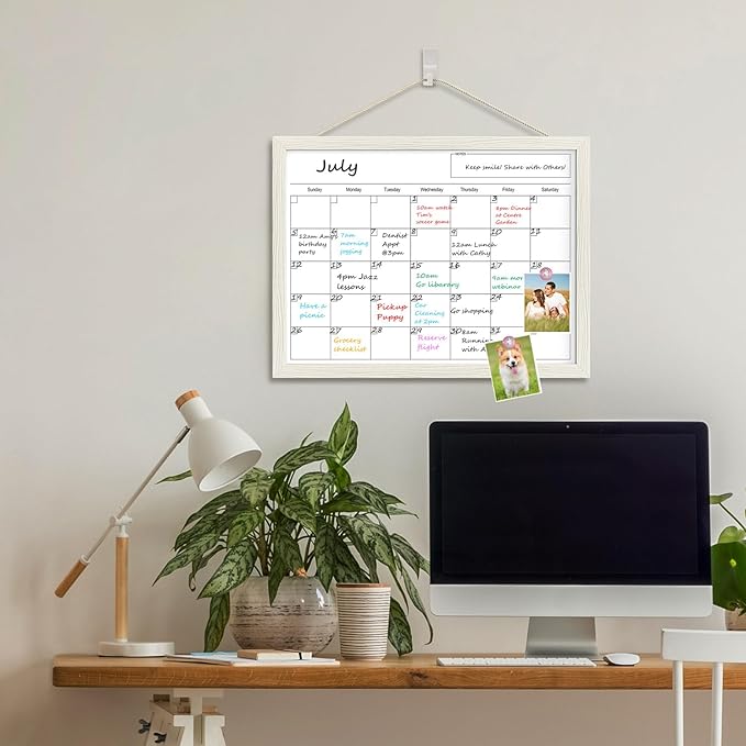Calendar Whiteboard for Wall, 17x13 Inches Dry Erase Calendar for Wall, Small Magnetic Monthly White Board with Wood Framed, Hanging Dry Erase Board for Kitchen Home Office School Planner