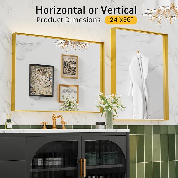 24”x36” Bathroom Vanity Mirror, Gold Framed Rectangle Mirrors, Modern Wall Mirror for Over Sink, Living Room, Bedroom, Entryway Mirrors Horizontally or Vertically