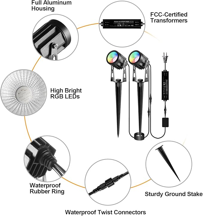 Outdoor Landscape Lighting, 6 Pack RGB Outdoor Spot Lights with Transformers and Remote, 12V Low Voltage Color Changing Landscape Lights IP65 Waterproof Plug in Outdoor Uplights for Yard House Tree