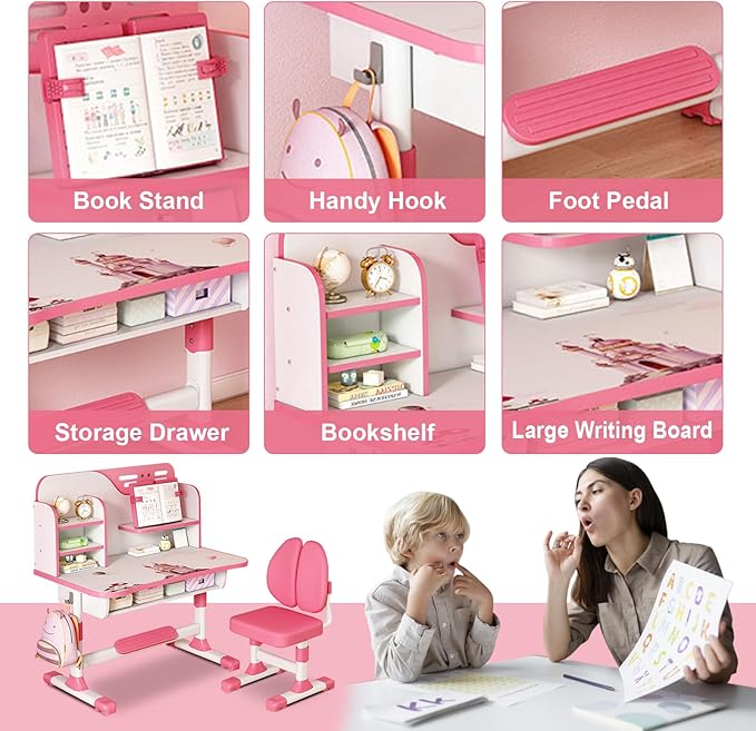 Easy Assembly | Premium Kids Desk and Chair Set, Height Adjustable Children School Study Writing Tables, Bedroom Kids Desk with Large Writing Board, Bookshelf for Girls