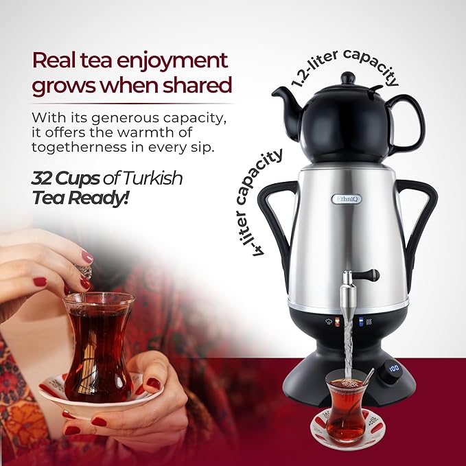 ETHNIQ - Electric Samovar | 4L Stainless Steel Tea Maker | Adjustable Temperature Controller | Boil Dry & Auto Shot-off | 1.2L Porcelain Teapot | Turkish, Persian, Russian Tea Kettle (Black)