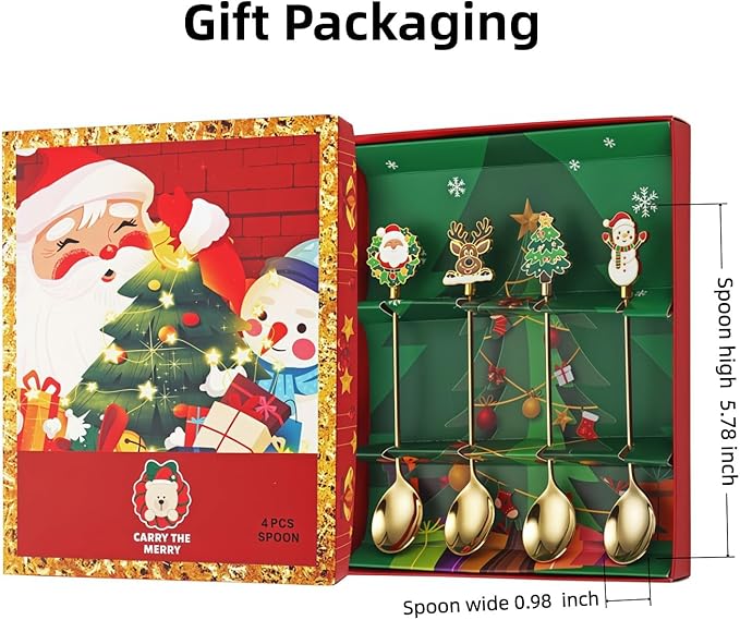 Christmas Teaspoon Gift Set of 4 |Premium 5.6 Inch Stainless Steel Small Spoon | Coffee Spoons for Dessert & Tea | Christmas Decorations Indoor & Kitchen Decor | Hostess Gifts