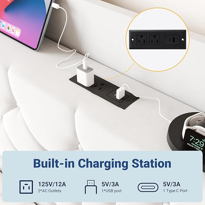 Allewie Full Size Bed Frame, Storage Headboard with Charging Station, Wingback Velvet Upholstered, Diamond Stitched Button Tufted, Sturdy Wooden Slats, No Box Spring Needed, Easy Assembly, White