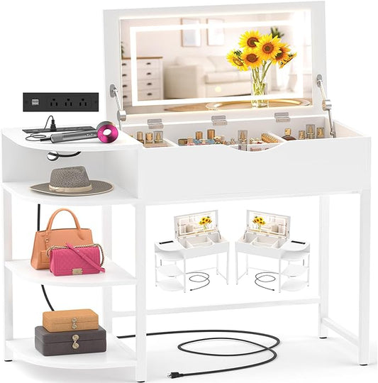Cyclysio Vanity Desk with Flip Top Mirror and Lights, Makeup Vanity Desk with Drawers, Dressing Table with Storage Shelves & Charging Station, Small Vanity for Small Spaces, White