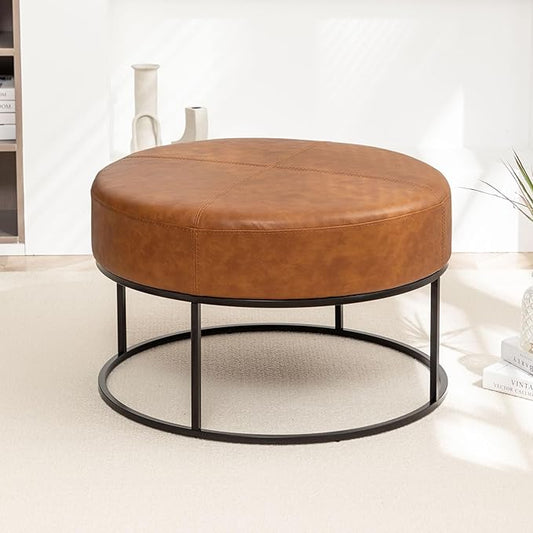 Modern Round Coffee Table, Farmhouse Ottoman for Living Room, Large Vintage Leather Coffee Tables with Leather Upholstered Padded Seat [Round, Vintage Brown, 30'']