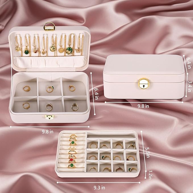 Travel Jewelry Case With Lock, 2-Layer PU Leather Jewelry Box for Women, Ring Box and Jewelry Organizer, Large Jewelry Travel Case,Best Gifts for Women for the Holidays(White)
