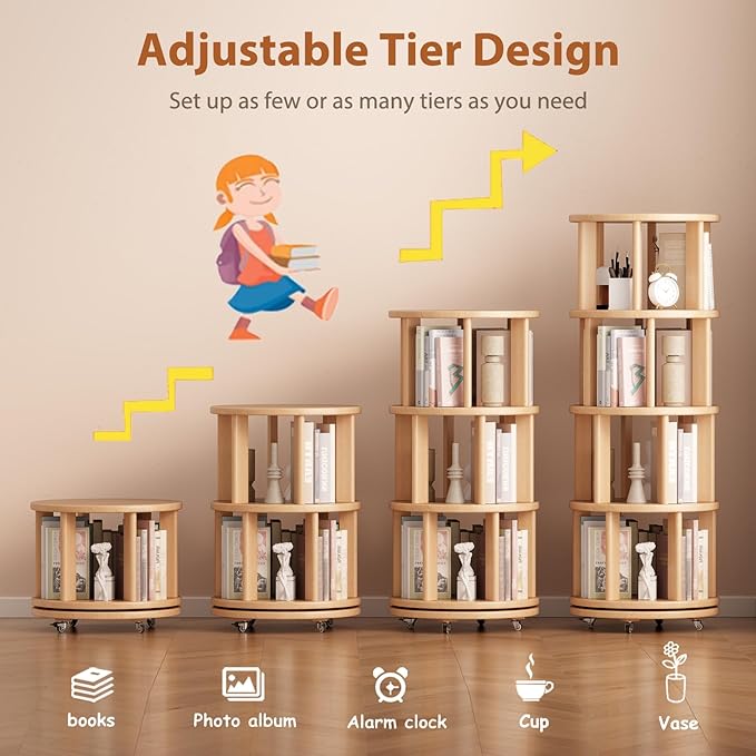 Solid Wood Rotating Bookshelf on Wheels, 4 Tier, Round Revolving Bookcase, 360° Spinning Book Shelf Tower for Kids, Narrow Rolling Bookshelves for Small Space, Corner, Bedroom, Office, Natural