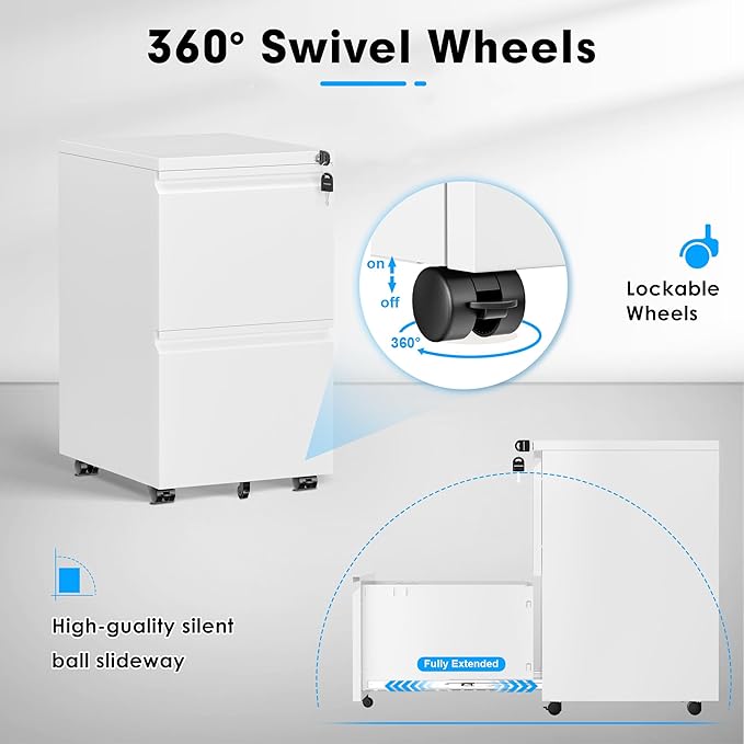 Greenvelly 2 Drawer Mobile File Cabinet with Lock, Metal Filing Cabinet on Wheels, Under Desk File Cabinet for Home Office Organizer Letter/Legal/A4 File (Assembly Required, White)