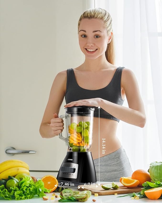GDOR Blenders for Smoothies, 52 Oz Glass Jar Smoothie Blender, Countertop Blender & Grinder Combo, 9 Functions with 5 speeds for Shakes, Puree, Crush Ice, and Chop, Max 700W