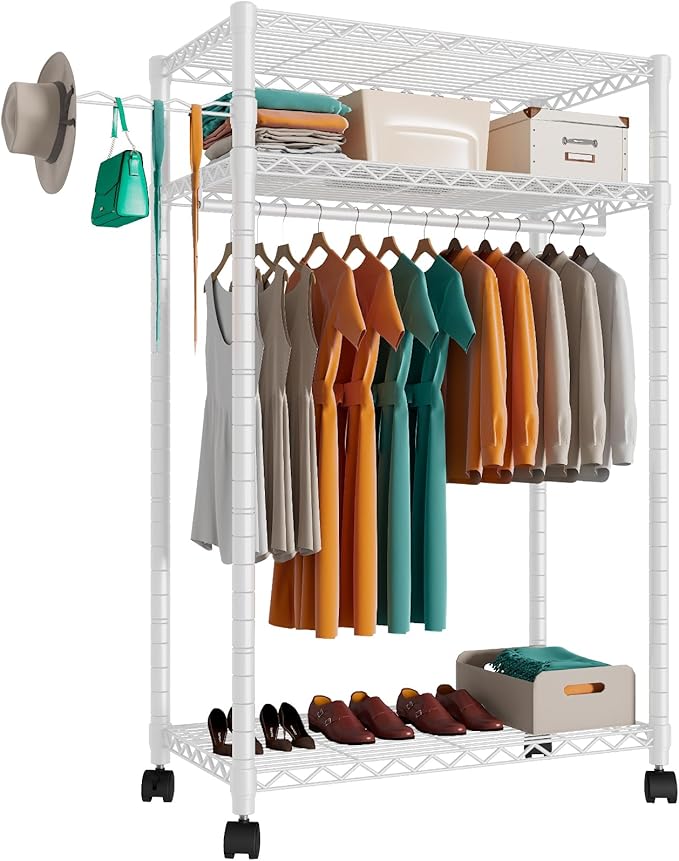PUNION Heavy Duty Rolling Garment Rack,Portable Clothes Rack for Hanging Clothes,Clothing Rack,Wardrobe Storage Rack with 3 Shelves,1 Hang Rod,1 Side Hook,36" Lx18 Wx71 H, Max Load 500LBS, White,GR1