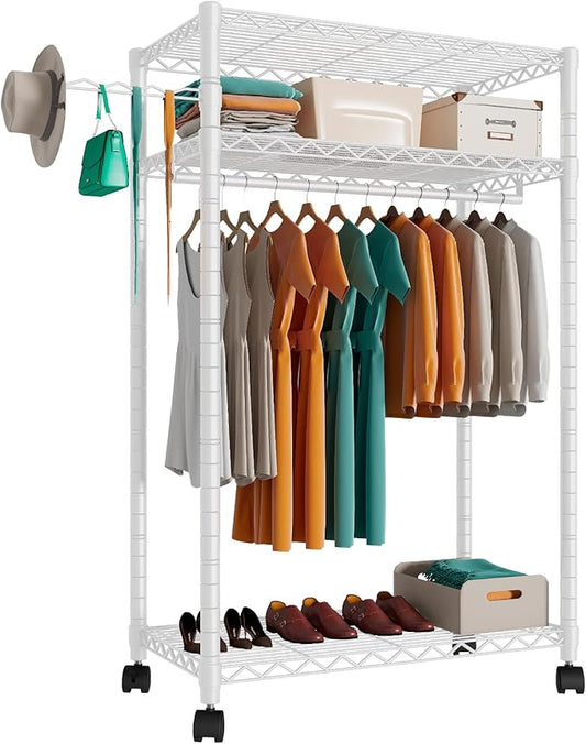 PUNION Heavy Duty Rolling Garment Rack,Portable Clothes Rack for Hanging Clothes,Clothing Rack,Wardrobe Storage Rack with 3 Shelves,1 Hang Rod,1 Side Hook,36" Lx18 Wx71 H, Max Load 500LBS, White,GR1