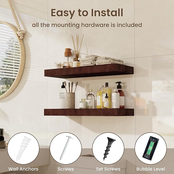 fuqing Floating Shelves for Wall - 24 Inch Wood Wall Shelves Set of 2-24 Inch Wide x 9.3 Inch Deep Natural Floating Wood Shelves with Upgraded Metal Brackets for Room