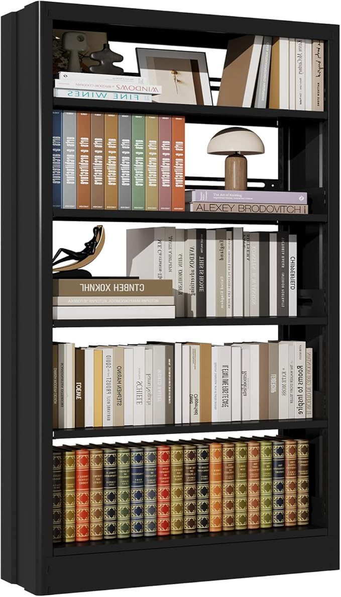 71" Metal Book Shelf,5 Tier Bookshelf with Adjustable Shelves,Black Bookshleves and Bookcases,Heavy Duty Library Book Case,Modern Open Bookshelf for Living Room,Bedroom,Office (Black)