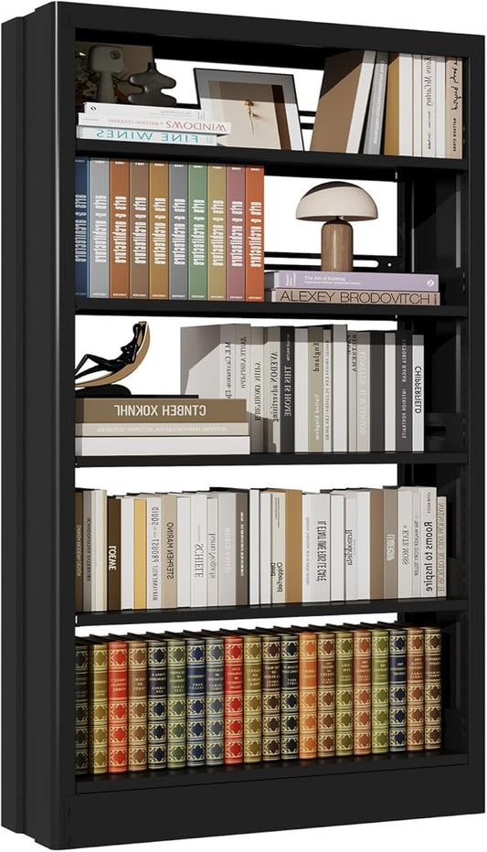 71" Metal Book Shelf,5 Tier Bookshelf with Adjustable Shelves,Black Bookshleves and Bookcases,Heavy Duty Library Book Case,Modern Open Bookshelf for Living Room,Bedroom,Office (Black)