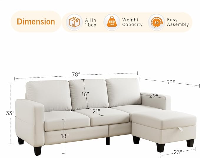 Sectional Sofa Couches for Living Room - Beige 3 Seat L-Shaped Couch with Storage Ottoman, Comfy Fabric Convertible Sectionals Sofas with Chaise for Apartment, Office, Small Space