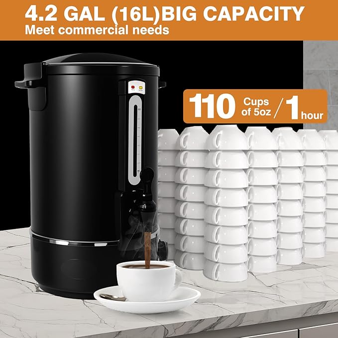 Commercial Coffee Urn，110 Cups/16.5L Black Stainless Steel Large Coffee Dispenser，Double Wall Electric Coffee Urn，Electric Coffee Maker Urn，Commercial Percolate Coffee Maker Hot Water Urn