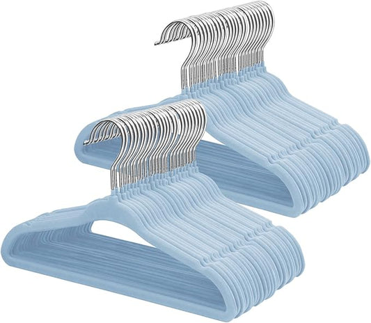 ManGotree 11" Baby Velvet Hangers, Non-Slip Infant Coat Hangers, Ultra-Thin Toddler Felt Hanger with 360° Swivel Hook, Space Saving Children's Hanger for Kids Clothes, 48 Pack (Blue)