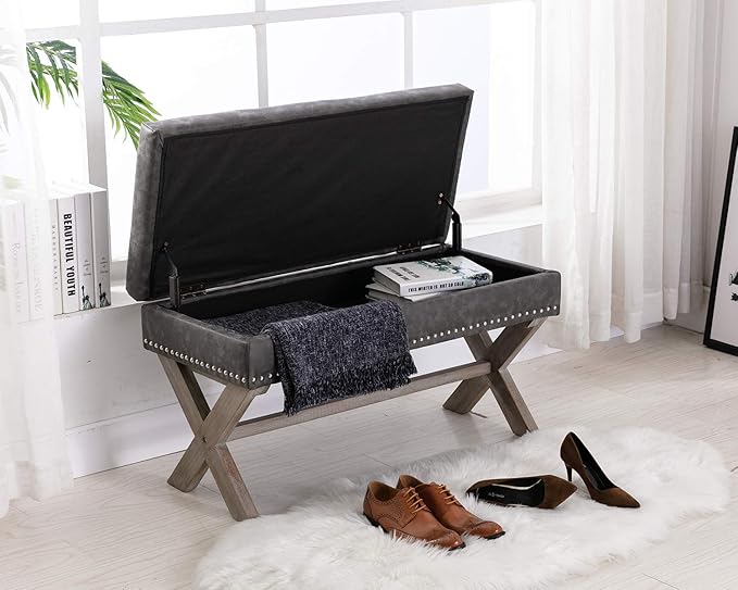 chairus PU Leather Upholstered Storage Entryway Bench, 36 inch Bedroom Bench Seat with X-Shaped Wood Legs for Living Room, Foyer or Hallway - Gray