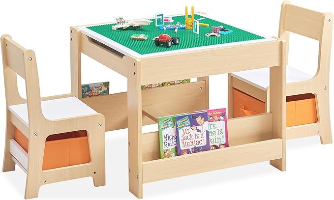 Kids Table and Chair Set, 4 in 1 Wooden Activity Table with Bookshelves and Storage Drawer, 2 in 1 Detachable Tabletop Construction Play Table Set for Drawing, Reading, Build Blocks