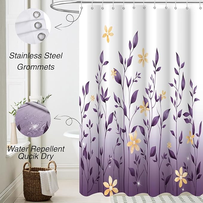 Eucalyptus Shower Curtain, Ombre Floral Leaves Plant Washable Fabric Bath Decor with 12 Hooks 72x72 inches, Lavender