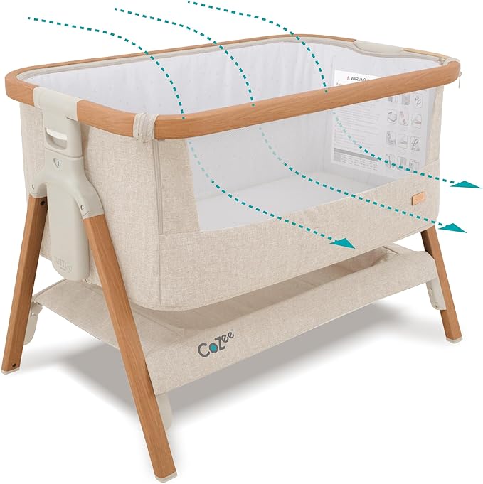 CoZee® 2-in-1 Baby Bassinet & Bedside Sleeper - Fast-Folding Bedside Bassinet, Baby Crib with 6 Mattress Heights & Breathable Mesh Window, Mattress Included, 0-6 Months (Walnut & Ecru)