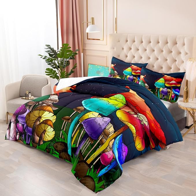 Mushroom Comforter Set Queen Size, Cute Mushroom Patterns Bedding Sets for Boys Bedroom, Girls Ultra Soft Comforter Set Queen Size 3Pcs with Pillowcases