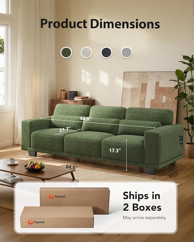 Pipishell 89" Sofa with Deep Seats and Wide Armrests, Comfy 3-Seater Futon, Couches for Living Room, Modern Upholstered Couch with Removable Cover, Linen Fabric, Green